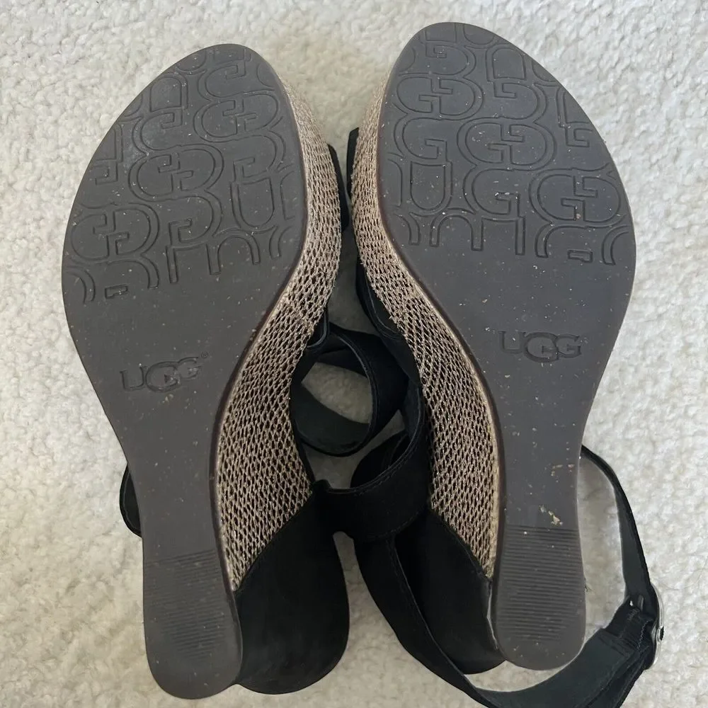 UGG  Ariah Black Suede Nubuck‎ Snake Wedge Platform Sandals Women Size 7